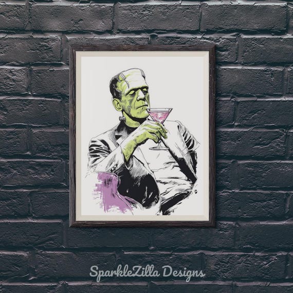 Frankenstein Martini Retro Halloween Art | Monster Bar Cart Wall Art | Vintage Classic Universal Monster Cocktail Decor | Low Ink Printable