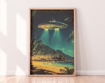 Vintage Hawaiian Resort UFO Wall Art | Atomic Tiki Printable | Hawaiian Art | Retro Cosmic Wall Art | Dark Fantasy UFO | Vintage Pulp UFO