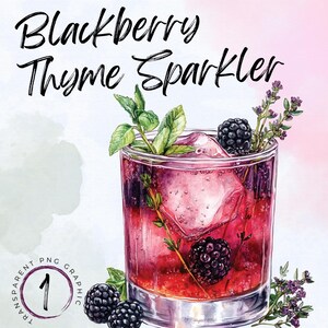 Aquarell Brombeere Thymian Wunderkerze Clipart | Alkohol trinken Illustration | Digitaler Download | Brombeer-Cocktail PNG | Signature Drink
