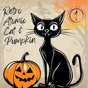 Retro Atomic Cat and Pumpkin | Cute Halloween | Mid Century Modern | Halloween Black Cat | Instant Download | Retro Halloween Sublimation