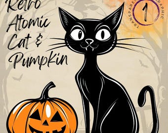May include: A black cat with big eyes and a mischievous grin sits next to an orange jack-o'-lantern pumpkin with a carved face. The background is a vintage-style Halloween scene with trees and a witch flying on a broomstick.