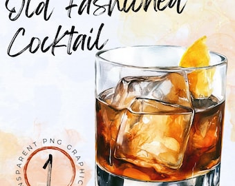 Old Fashioned Cocktail Watercolor Clipart | Cocktail Recipe | Classic Cocktail PNG | Old Fashioned PNG | Grooms Drink | Wedding Menu clipart