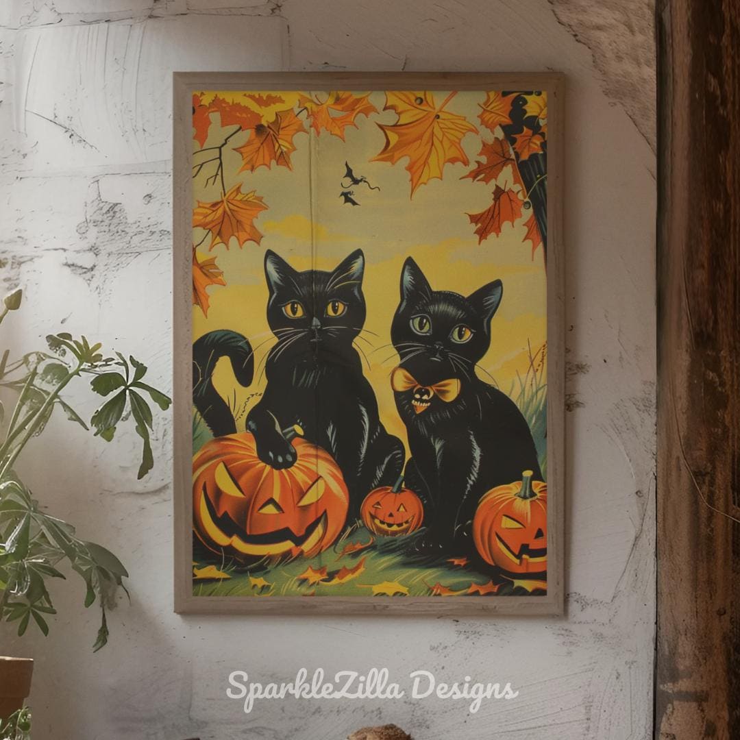 Vintage Black Cat Halloween Wall Art | Retro Pumpkin Print | Spooky ...