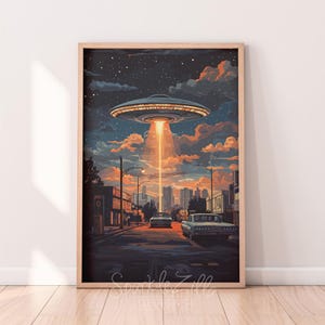 UFO in the City Wall Art | Vintage Urban Decor | Retro Sci-Fi Canvas Print | Unique Alien Artwork for Home Aesthetic | Vintage Car Art