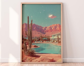 Retro Western Disco Ball UFO Wall Art | Vintage Western Sci-Fi Collage | Cosmic Art for Home Decor | Desert UFO | Pink UFO | Disco Ball Art
