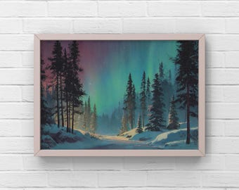 Northern Lights Winter Forest Wall Art – Calm Snowy Landscape Print