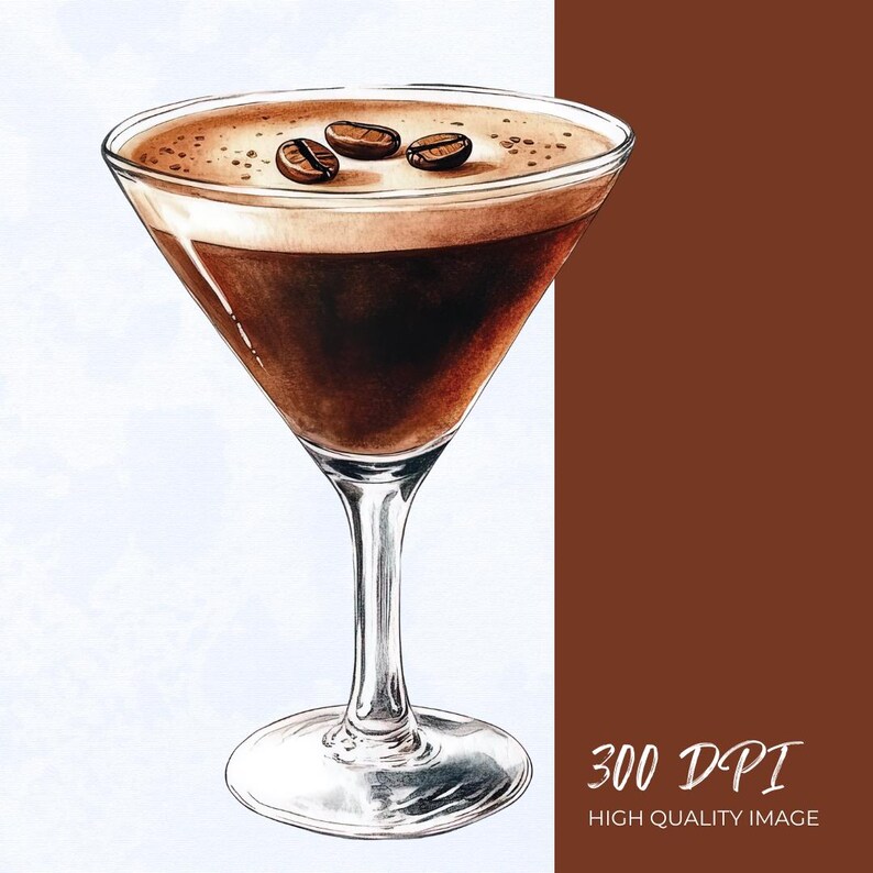 May include: Watercolor illustration of an espresso martini in a classic martini glass. The drink is a rich brown color, topped with a creamy foam and three coffee beans. The image has a white and brown background with the text "300 DPI HIGH QUALITY IMAGE".