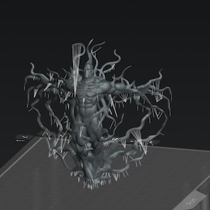 Op de afbeelding: Een grijs 3D-model van een gespierd mensachtig figuur met een masker, omringd door talloze dunne, vertakte ranken of steunstructuren. Het figuur is afgebeeld in een T-pose, weergegeven in een digitale werkruimte met een raster.