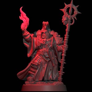 May include: A red-toned miniature figurine of a robed figure wearing a hooded cloak and armour. The figure holds a flickering flame in one raised hand and a tall staff topped with a spiked circular icon and a skull in the other hand.
