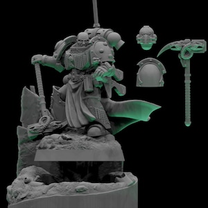 Può includere: Una miniatura in resina grigia di una figura guerriera su una base rocciosa con il testo ARMILLUS DYNAT HARROWMASTER. La figura indossa un'armatura ornata, un tabarro e uno zaino, tenendo un grande martello. Include un elmo e uno spallaccio.