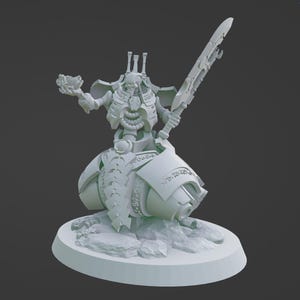 May include: A light grey unpainted miniature figurine of a skeletal warrior with a robotic torso, holding a large blade in one hand and a small object in the other. The figure features intricate etched details and is mounted on a circular base.