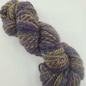 Handspun, hand dyed purple, brown and green yarn, variegated yarn, Polwarth wool, worsted/aran weight, 2-ply yarn