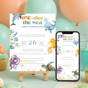 Oneder the Sea Birthday Invitation, Under the Sea Birthday Party, Ocean Animals Invite, Instant Download, Editable Canva Template