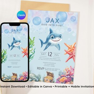 Dive Into Five 5th Birthday Invitation, Editable Canva Template, Under the Sea, Ocean Animals, Printable or Evite, Aquarium Birthday Party
