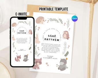 Invitación de cumpleaños digital de animales del bosque: Bosque