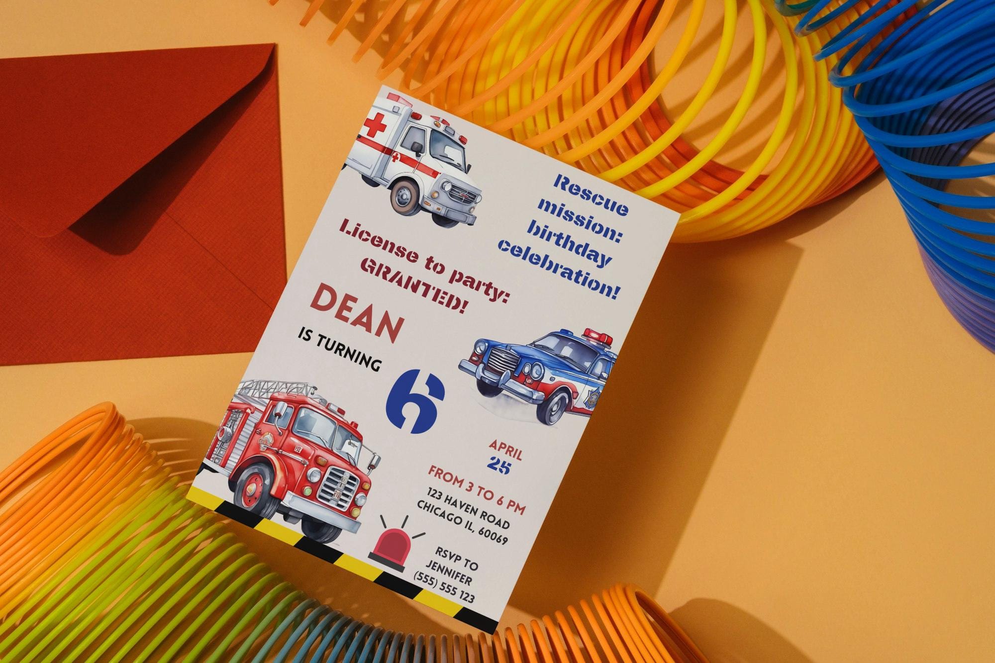 Emergency Vehicles Birthday Invitation: Watercolor First Responders ...