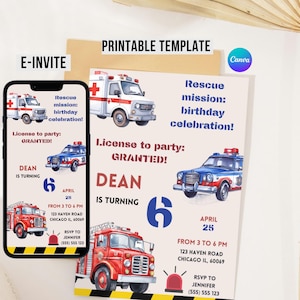 Emergency Vehicles Birthday Invitation, Editable Fire Truck Party Template, First Responders, Instant Download, Customizable in Canva