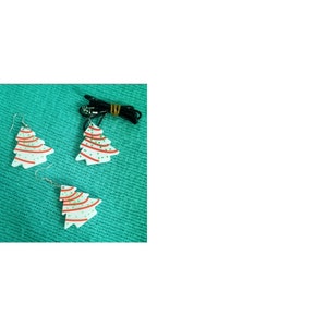 May include: A set of three white Christmas tree earrings with red and green stripes and green glitter. The earrings are on a turquoise background.
