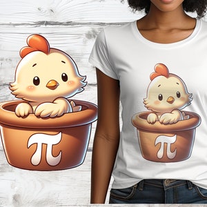 May include: A white t-shirt with a cartoon illustration of a yellow chick in a brown pot with a pi symbol on the front.