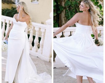 Fiona Gown in Ivory - Modern Strapless Crepe Detachable train Side Split Mermaid Wedding Dress