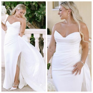 wedding dress,Mermaid bridal gown,civil,vow renewal,beach,detachable,minimal,strapless,modern,bride,luxury,plus size,luxury,soft stretch satin,crepe,corset, split,cheap,sweetheart neck,bodice,pleat,bride,reception party,column,sheath,sweep train