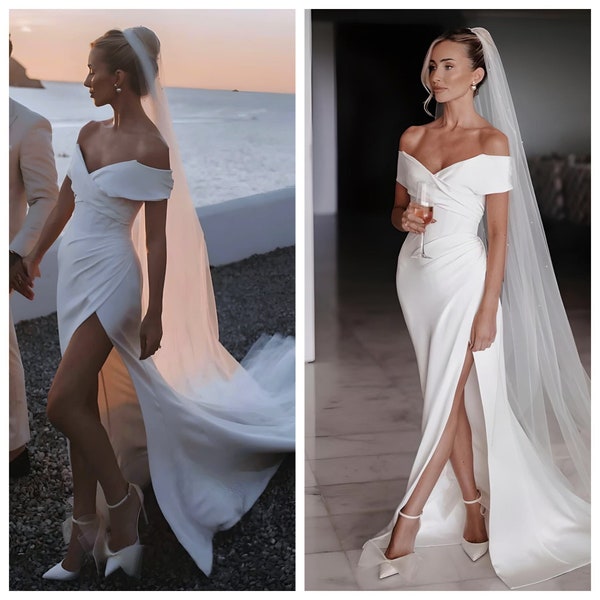 Dakota stretch satin Gown in Ivory - Off-Shoulder Matted Satin Mermaid Wedding Dress High Side Slit Sweep Train Bridal Gown