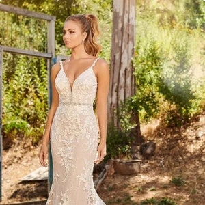 Brielle Gown - Flowers Lace Bead V Neck Spaghetti Straps Mermaid Wedding Dress