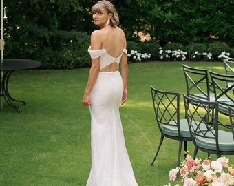 Charlotte Gown - Shiny glitter Off Shoulder Backless Cutout Mermaid Wedding Dress