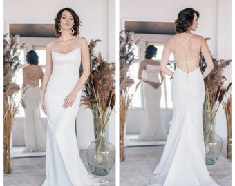 LeighAnn Gown - Modern Spaghetti Straps Cowl Neck Crepe Mermaid Wedding Dress Criss Cross Back Bridal Gown