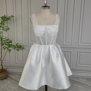 Short Satin wedding dress A line beads lace mini wedding dress