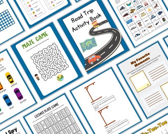 May include: A set of printable road trip activity pages for kids. The pages include a maze, a license plate game, a tic-tac-toe game, a bingo game, a word search, and a page for recording favorite moments.