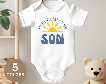 Here Comes The Son Onesie®, Gender Reveal Baby One Piece, Pregnancy Announcement Bodysuit, New Baby Boy Gift, Newborn Gift, Baby Shower Gift