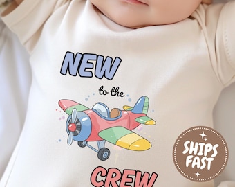 Nieuw bij The Crew Baby Onesie®, pasgeboren vliegtuigromper, piloot babyaankondiging ééndelig, douchecadeau luchtvaartthema, romper eerste vlucht