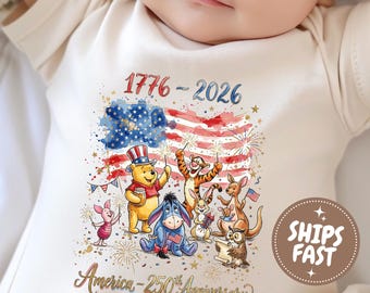 Amerika 250-jähriges Jubiläum Baby Onesie®, Mein erster 4. Juli-Bodysuit, Pooh Bear Vaterländischen Einteiler Outfit, Baby Outfit zum Unabhängigkeitstag