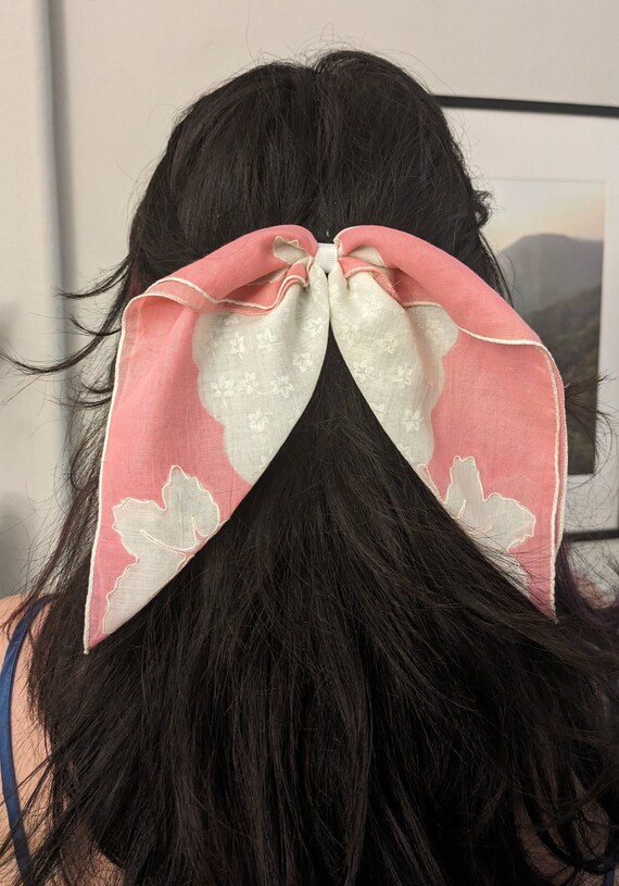 Bow - vintage handkerchief; pink & white feat. map