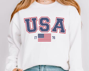 Retro USA Flag Sweatshirt, Patriotic 4th of July Crewneck