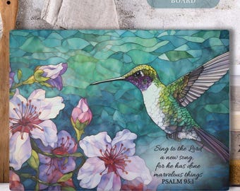 Custom Glass Cutting Board Hummingbird Stained Glass Effect Floral Design Christian Bible Verse Gift Religious Kitchen Decor for Women