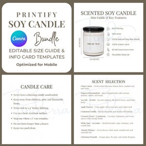 Maquete de vela Printify Canva Pacote de modelos editáveis Printify Tabela de tamanhos de velas Maquete de cartão de informações sobre aroma de vela Cuidados com velas Moldura quadrada