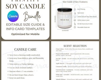 Candle Mockup Printify Canva Editable Templates Bundle Printify Candle Size Chart Mockup Candle Scent Info Card Candle Care Square Frame