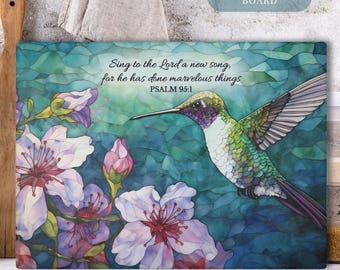 Hummingbird Glass Cutting Board: Stained Glass Effect, Christian Gift