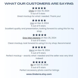 May include: Five-star customer reviews for a product on Etsy. The reviews highlight the quality, presentation, and usefulness of the product. The Etsy shop name is "tinderra.etsy.com".
