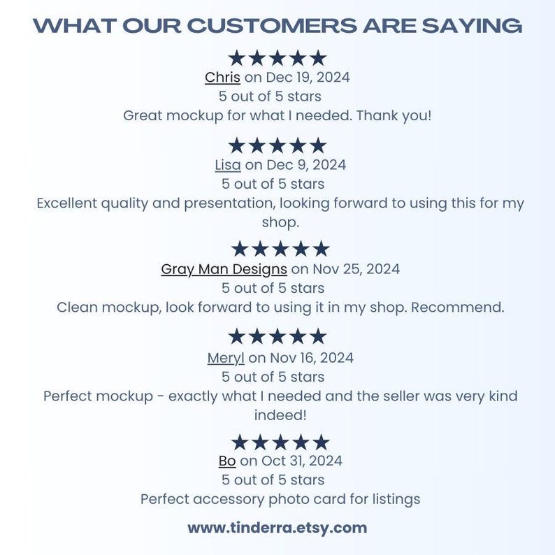 May include: Five-star customer reviews for a product on Etsy. The reviews highlight the quality, presentation, and usefulness of the product. The Etsy shop name is "tinderra.etsy.com".