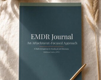May include: A dark teal journal titled EMDR Journal: An Attachment-Focused Approach, A Daily Companion for Healing & Self-Discovery by Christina Castro, LPCC. The cover features a thin orange horizontal line and light green bands at the top and bottom.