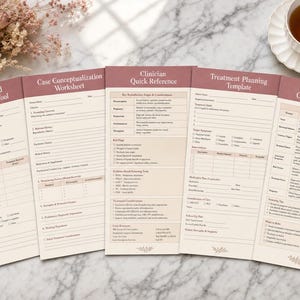 May include: A set of five clinical assessment forms with a mauve and cream color scheme. The documents include a Reproductive Mood History Screening Tool, Case Conceptualization Worksheet, Clinician Quick Reference, Treatment Planning Template, and PMI vs. MDD Clinical Cheat Sheet.