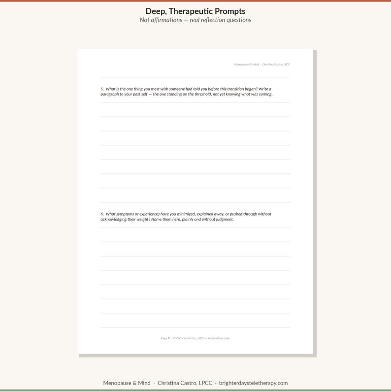 May include: A white paper sheet titled Deep, Therapeutic Prompts with the subtitle Not affirmations &mdash; real reflection questions. It contains two numbered writing prompts about life transitions and personal experiences, with lined spaces for written responses.