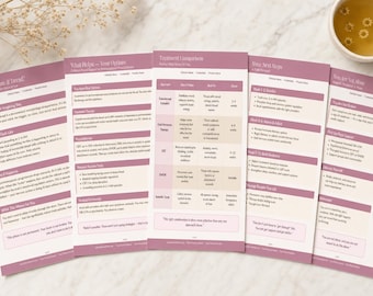 May include: Five vertical informational cards with a mauve and cream color scheme, featuring text about mental health and treatment options. The cards contain headers like What Is Doom & Dread, Treatment Comparison, and You Are Not Alone.