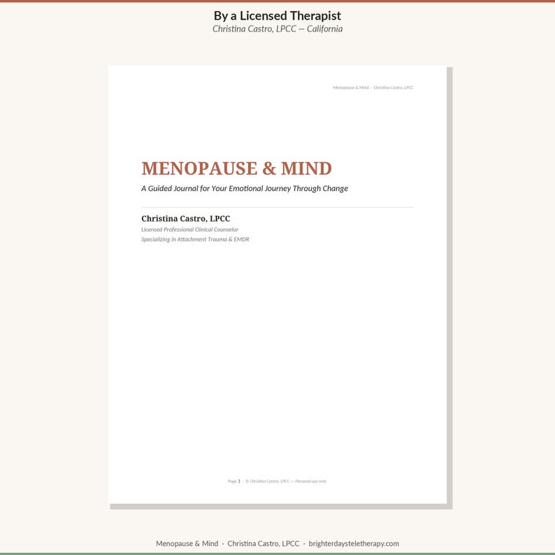 May include: A white guided journal titled Menopause & Mind: A Guided Journal for Your Emotional Journey Through Change by Christina Castro, LPCC. The cover includes text identifying the author as a Licensed Professional Clinical Counselor.