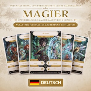 Può includere: Un set di carte incantesimo D&D 5e per la classe Mago con un tema orientale. Le carte mostrano illustrazioni dettagliate di personaggi fantasy, nomi di incantesimi come Schild e meccaniche di gioco in tedesco su uno sfondo color crema.