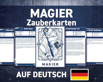 May include: A set of five blue and gold playing cards with German text. The cards are for a game called "Magier" and feature illustrations of a tentacled creature, a hand, and a swirling vortex.