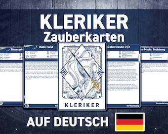 May include: A set of five blue and gold fantasy role-playing game cards with German text. The cards feature illustrations of a tentacled creature, a hand, and a spell effect. The cards are titled "Kleriker Zauberkarten" and "Auf Deutsch".